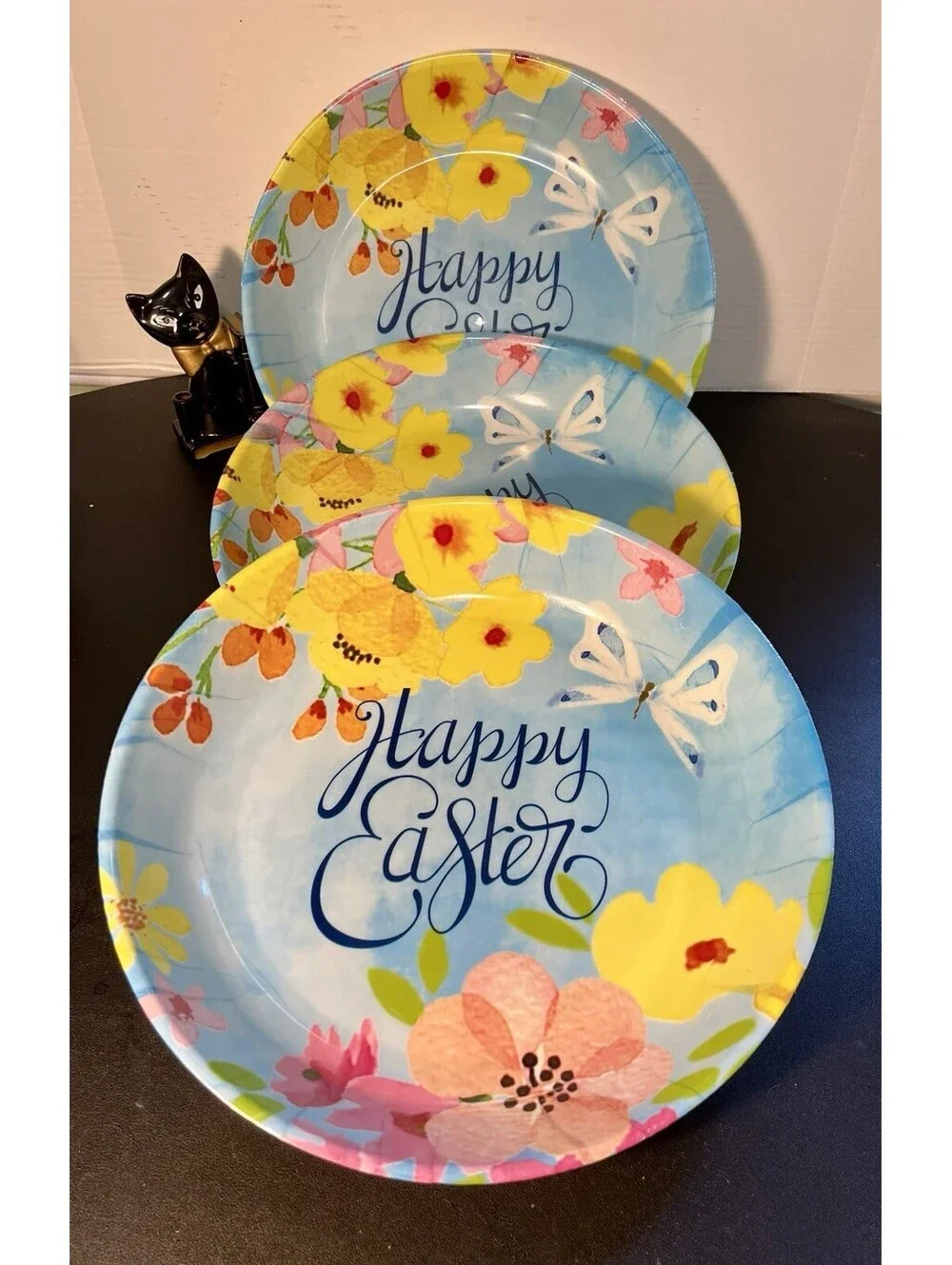 Vintage 2000s 3 Serving Bowls Happy Easter Floral Melamine Butterfly, 13.5x2”